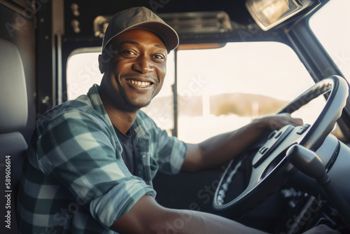 Black male truck driver driving a truck. Generative AI © Andrii 
