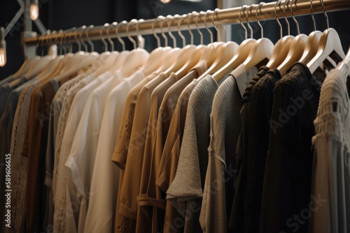 Close-up view of various stylish clothes hanging on hangers in boutique. Generative AI