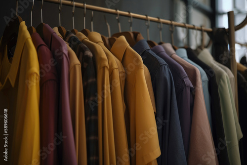 Various summer clothes of soft colors hang on a horizontal hanger. Generative AI