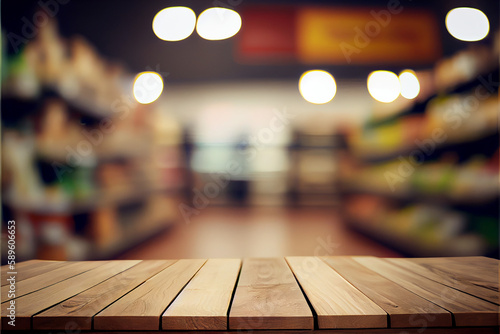  countertop or counter in the foreground. Top of a wooden table. In the background is a defocused interior of a store or supermarket. AI generated.