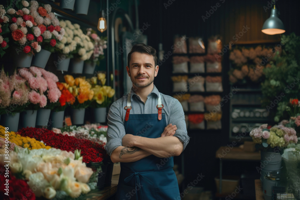 Handsome man florist portrait standing near flower shop. Generative AI