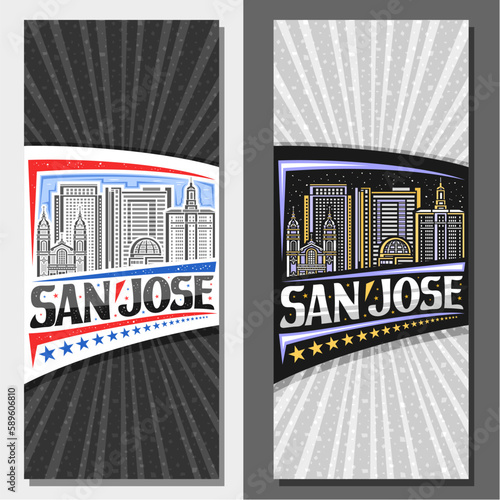 Vector layouts for San Jose, vertical voucher with line art illustration of famous urban californian city scape on day and dusk sky background, tourist card with text san jose and decorative stars