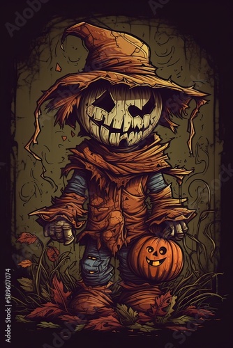 cute cartoon scarecrow Halloween. Illustration of a Scarecrow. can be used for t-shirt graphics  print. Vector illustration. Generative Ai.