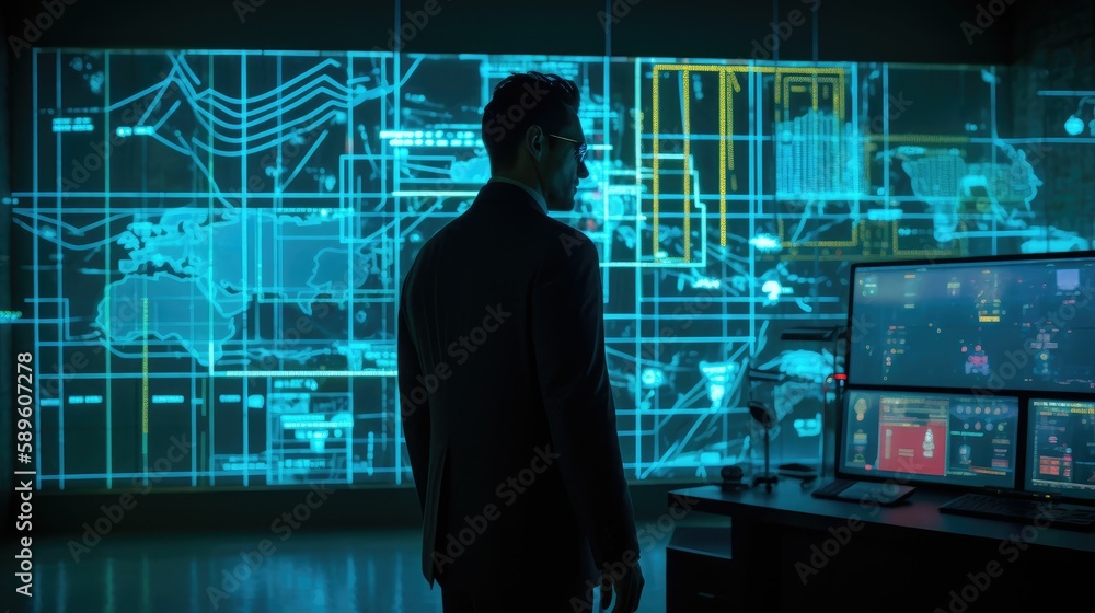 The person on the background of the world map. Generative AI. The person on the background of the world map. Generative AI.