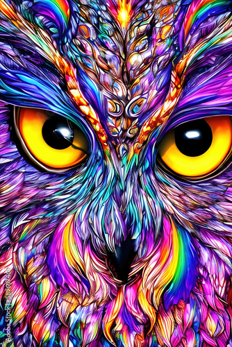 Close-up of the face of an owl with wild eyes. Generative AI.