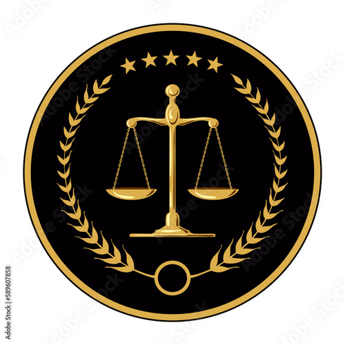 Luxury gold logo. Court, justice, scales, laurel wreath. Judicial icon in vector. Scales of justice.  The symbol of the balance of the law. Scales in a flat design. Gold balance