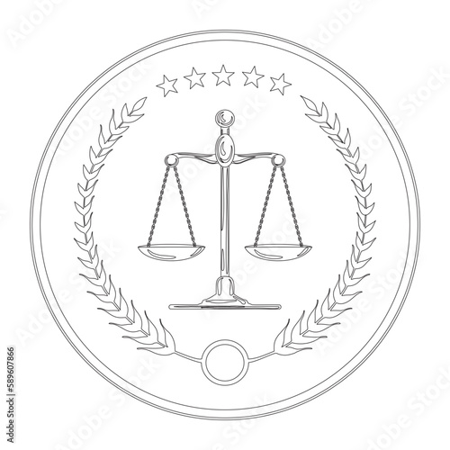 Luxury linear logo. Court, justice, scales, laurel wreath. Judicial icon in vector. Scales of justice.  The symbol of the balance of the law. Scales in a flat design. Gold balance