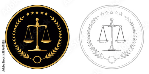 Luxury gold logo. Court, justice, scales, laurel wreath. Judicial icon in vector. Scales of justice.  The symbol of the balance of the law. Scales in a flat design. Gold balance
