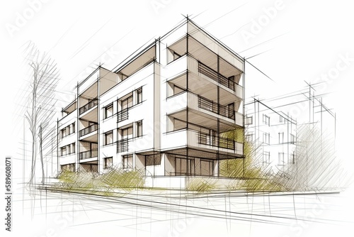 linear project of block of flats. Architectural concept sketch of modern apartments. Illustration Generative AI. 