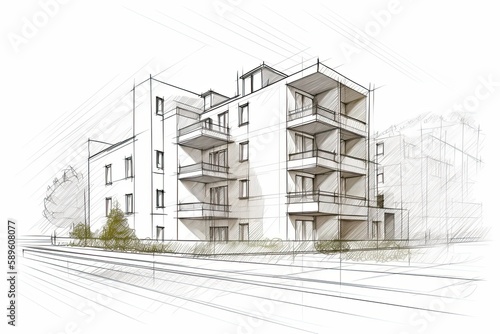 linear project of block of flats. Architectural concept sketch of modern apartments. Illustration Generative AI. 