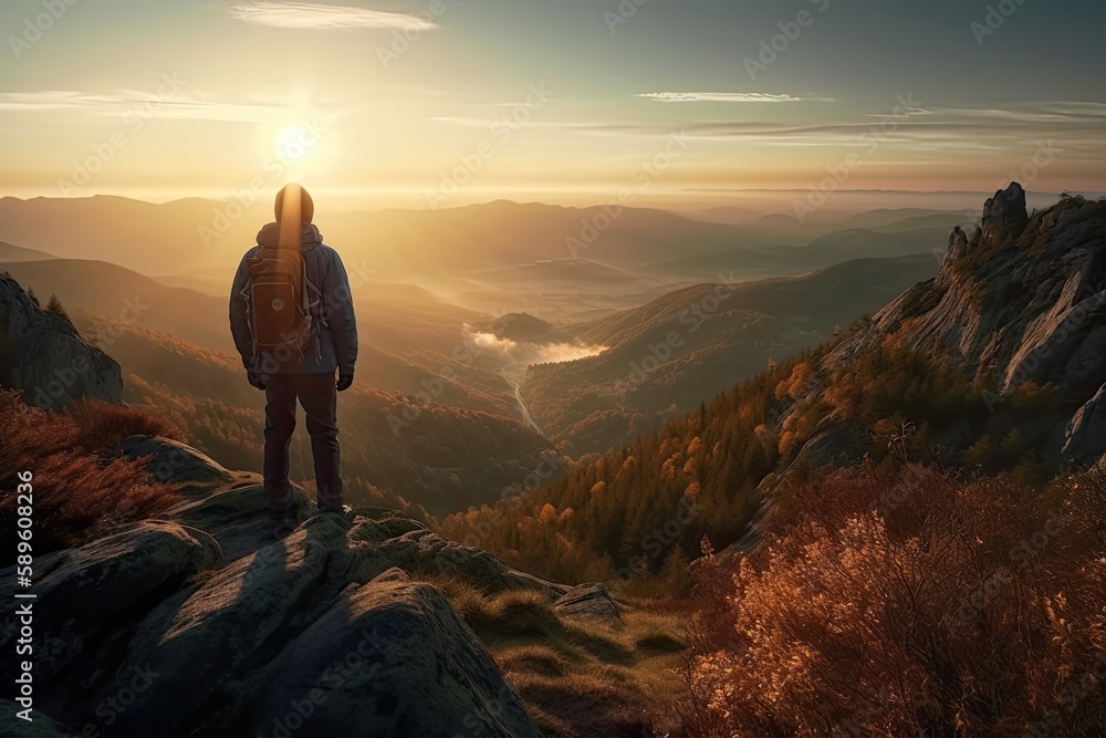 Fictional Hiker stands at the summit of a mountain. sunset in the mountains. Generative AI