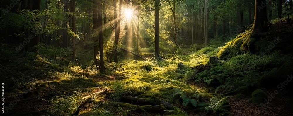 sun rays in the forest. Generative AI