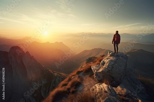 Fictional Hiker stands at the summit of a mountain. sunset in the mountains. Generative AI © Ornavi