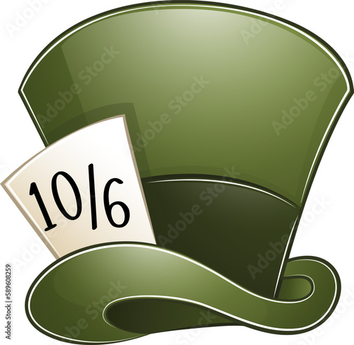 madhatter green hat with dark green ribbon and card in it