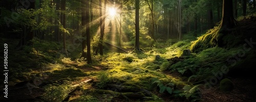 sun rays in the forest. Generative AI