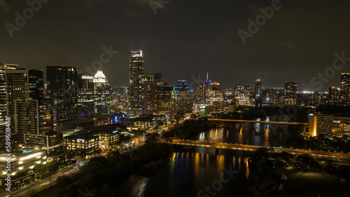 Austin, Texas Aerial with River at Night 