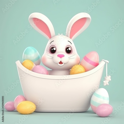 Cute easter bunny in the bathtub with an easter egg. Generative AI. © Arc