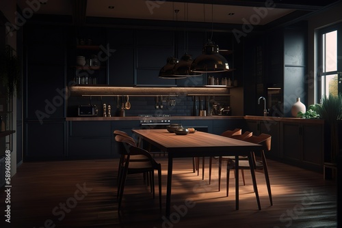 New modern kitchen interior | White and grey kitchen corner with bar | contemporary style kitchen | Scandinavian classic kitchen with wooden,minimalistic interior design kitchen, Generative AI