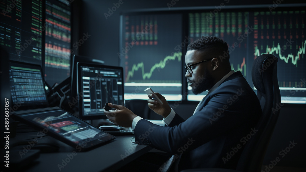 A young man trading in an important stocks exchange, buying et selling shares, and giving advises to shareholders. Ultra-realistic illustration created with generative AI.