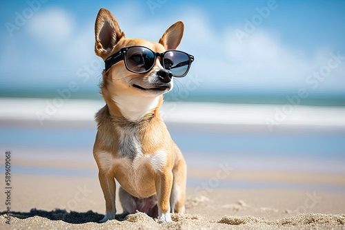 Chihuahua posing on a beach wearing sunglasses (Ai generated) © thesweetsheep