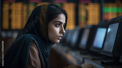 A young woman trading in an important stocks exchange, buying et selling shares, and giving advises to shareholders. Ultra-realistic illustration created with generative AI. photo