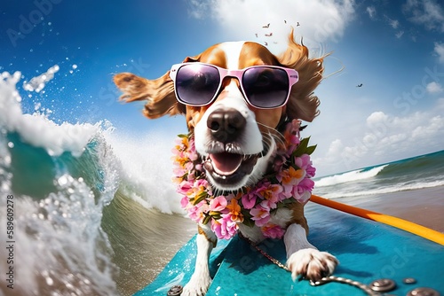 Dog surf, Ride the surf with a canine companion on the ocean sea (Ai generated) © thesweetsheep