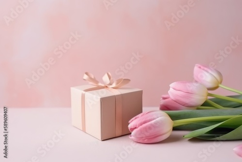 Pink tulips and a gift on copy space background. Generative AI. © Arc