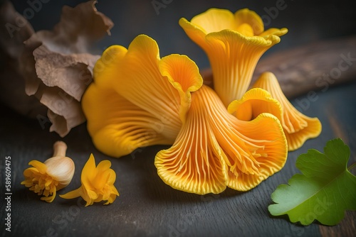 Golden Delight: Freshly Picked Yellow Chanterelle Mushroom (Ai generated)