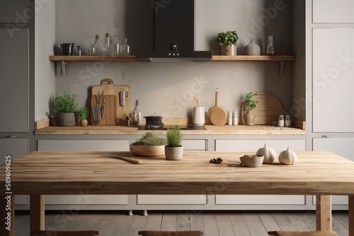New modern kitchen interior   White and grey kitchen corner with bar   contemporary style kitchen   Scandinavian classic kitchen with wooden minimalistic interior design kitchen  Generative AI