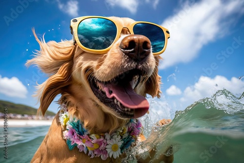 Golden Retriever Surfing on an Ocean Sea (AI generated) © thesweetsheep