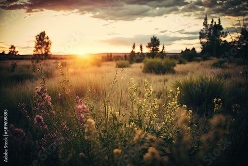 Sunset over a beautiful meadow, Landscape (Ai generated)
