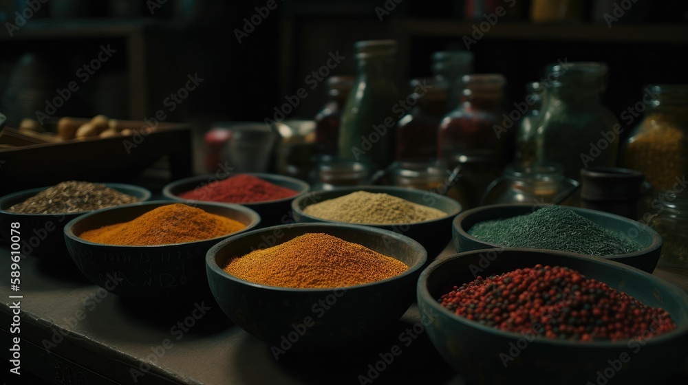 Spices and herbs on a table.Generative AI.