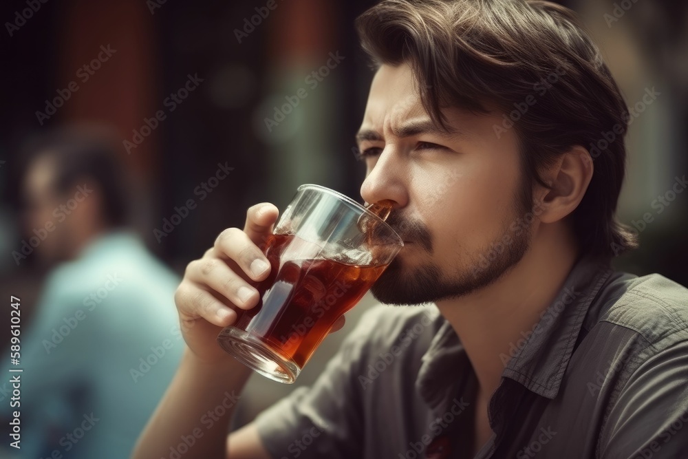 Person drinking a glass of cola. Person drinking a glass of cola.