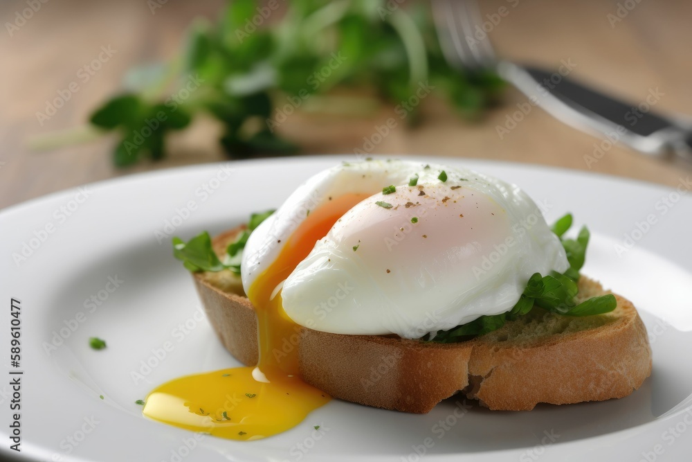 Poached egg with brown bread.Generative AI. Poached egg with brown bread.Generative AI.
