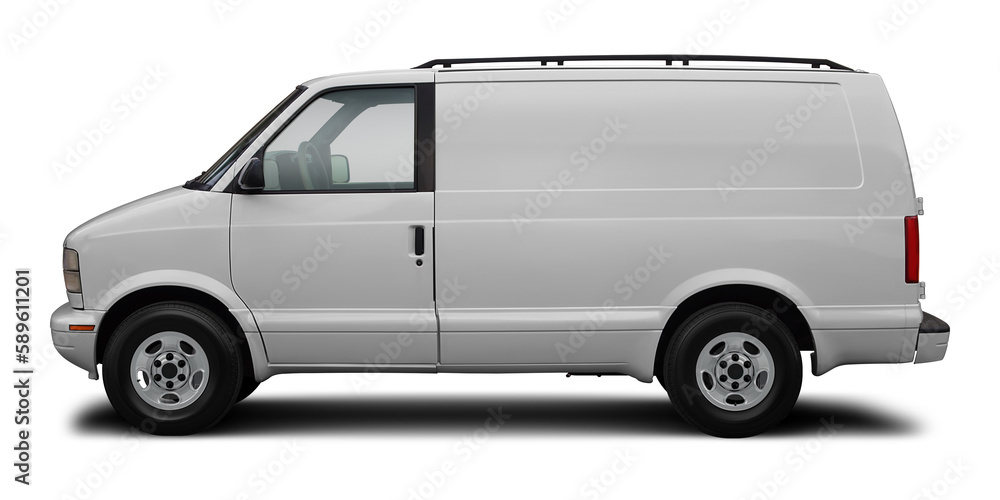 Small classic cargo van in white, isolated on a white background.