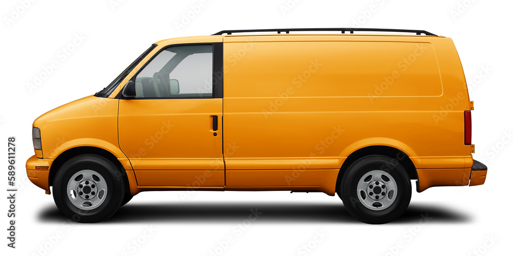 Small classic cargo van in yellow, isolated on a white background.
