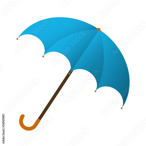 Blue umbrella. Cane umbrella with brown handle. Clipart.