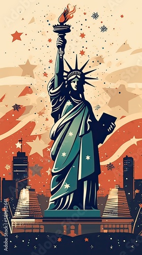 Greeting card with U.S. flag and statue of Liberty. 4th of July. Independence day of United states. Generative Ai. photo