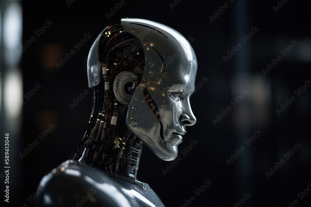 Close-Up of Contemplative AI Robot with Blurred Computer Screens in Background Close-Up of Contemplative AI Robot with Blurred Computer Screens in Background