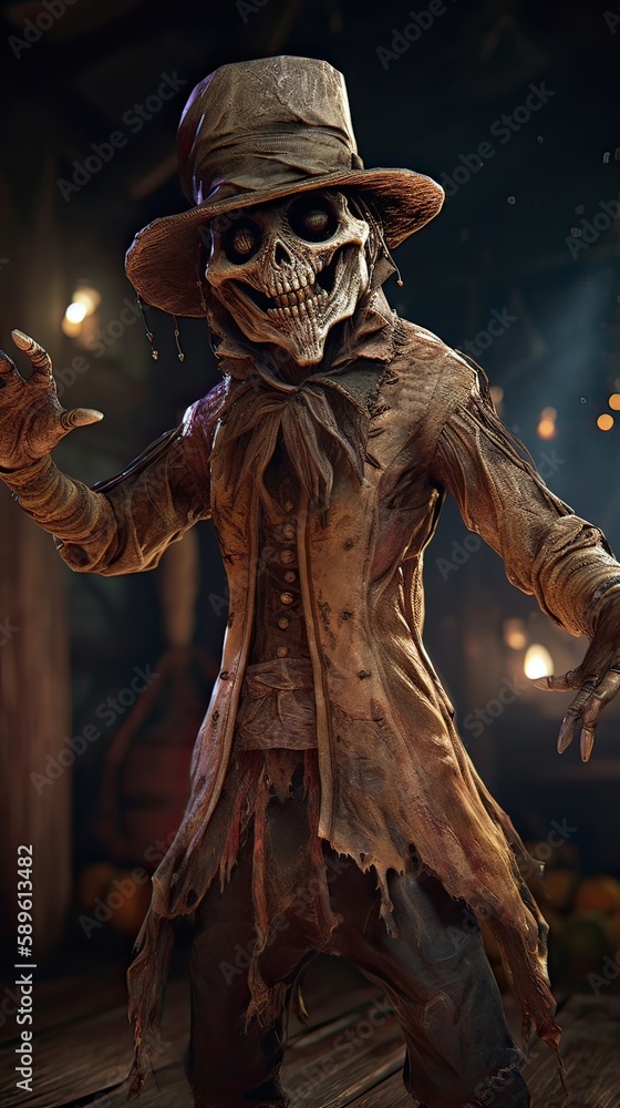 Obraz premium portrait of old Terrible scarecrow in dark cloak and dirty hat stands. Halloween concept. Generative Ai.