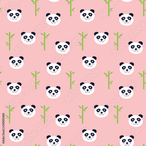Cute cartoon panda with bamboo on pink background. seamless pattern. Doodle kids design. Vector illustration.