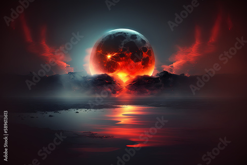 Fiery Moonrise. Epic landscape wallpaper