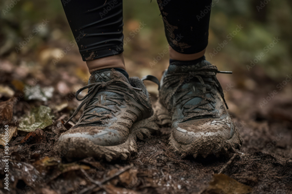 Close-Up of Woman's Trail Running Shoe Sinking into Soft Soil on Forest Trail Close-Up of Woman's Trail Running Shoe Sinking into Soft Soil on Forest Trail