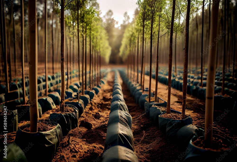 Tree nursery in the forest, plastic tubes protecting seedlings