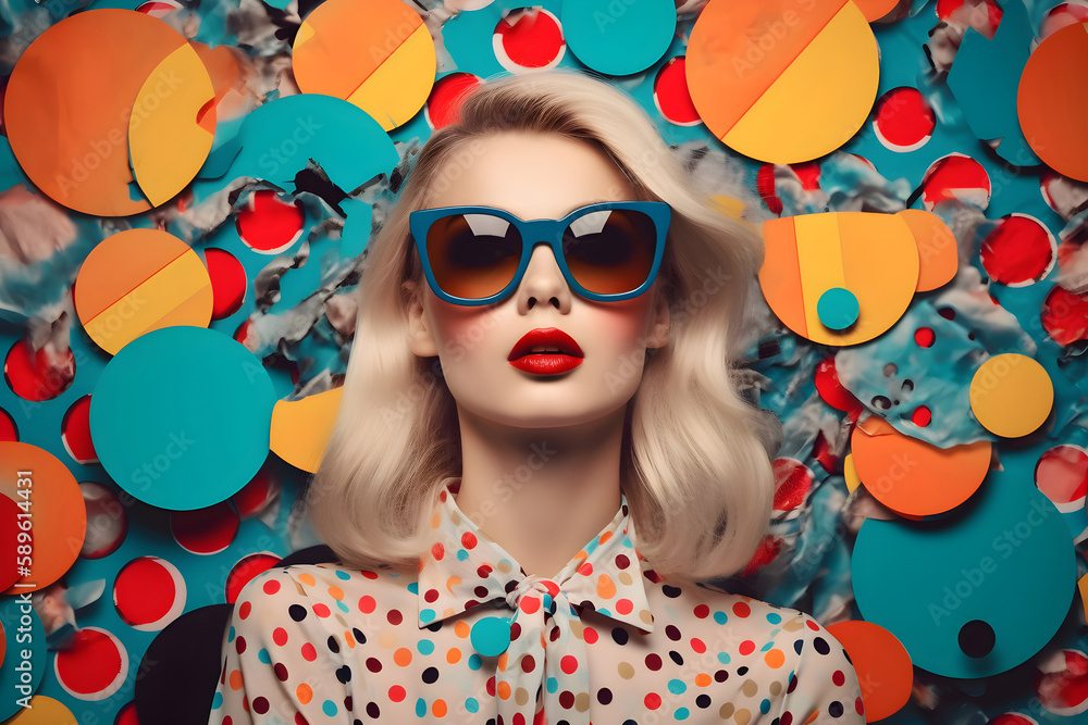 Retro stylefashion blonde woman wearing trendy sunglasses.