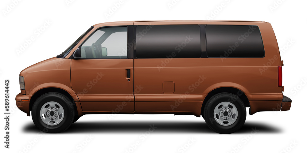 Small passenger classic minibus in brown color, isolated on a white background.