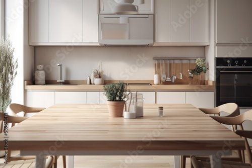 Minimalist Scandinavian Kitchen Room Interior Design with Small Blank Poster Mock-up, Generative AI © Azar