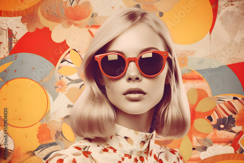 60s fashion blonde woman wearing trendy sunglasses. Summer collage.