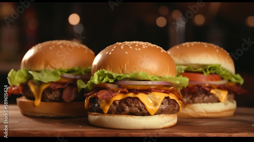 A handmade hamburger, with 2 meats, barbecue sauce, bacon, melted cheddar cheese, lettuce, tomato
