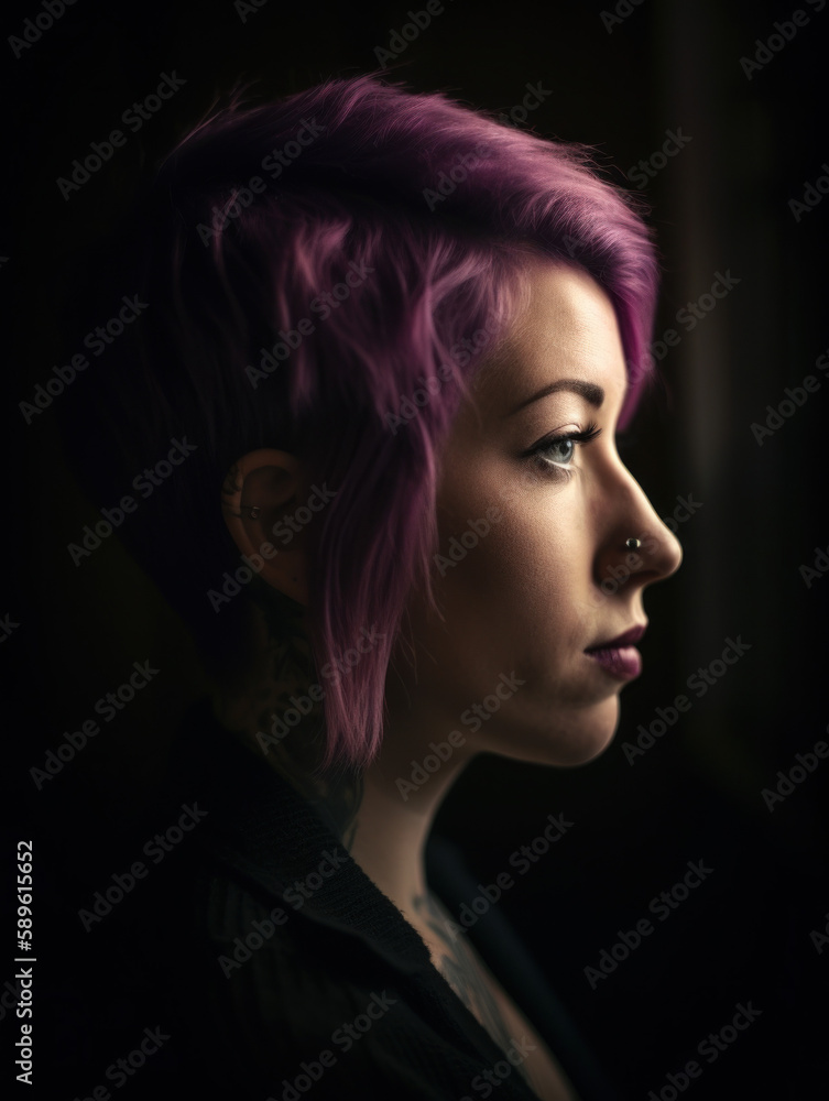 Fototapeta premium Close up of female with tattoo seen from the side with contrastful lighting gazing Generative AI